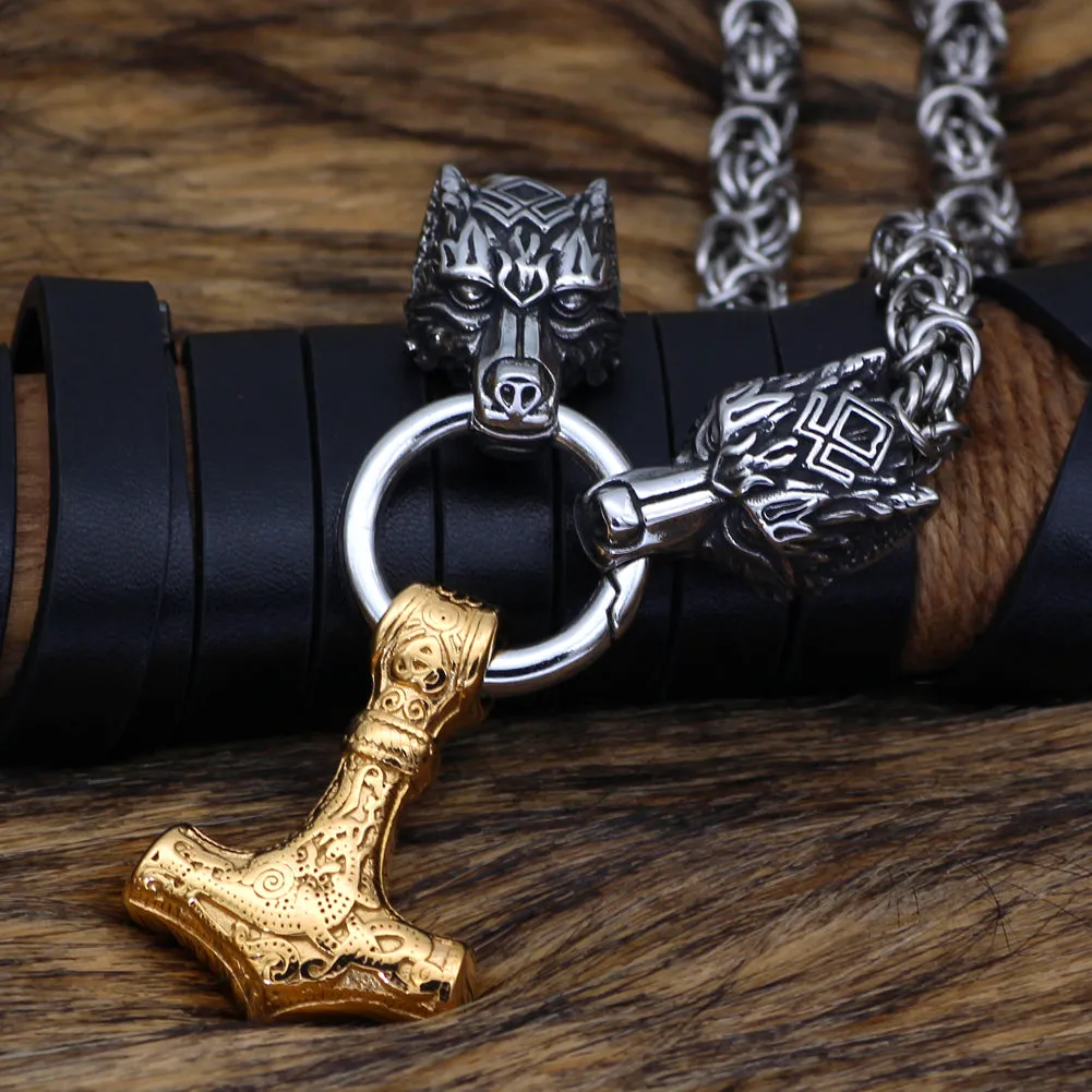 King Chain With Wolf Head & Gold Plated Mjolnir Pendant