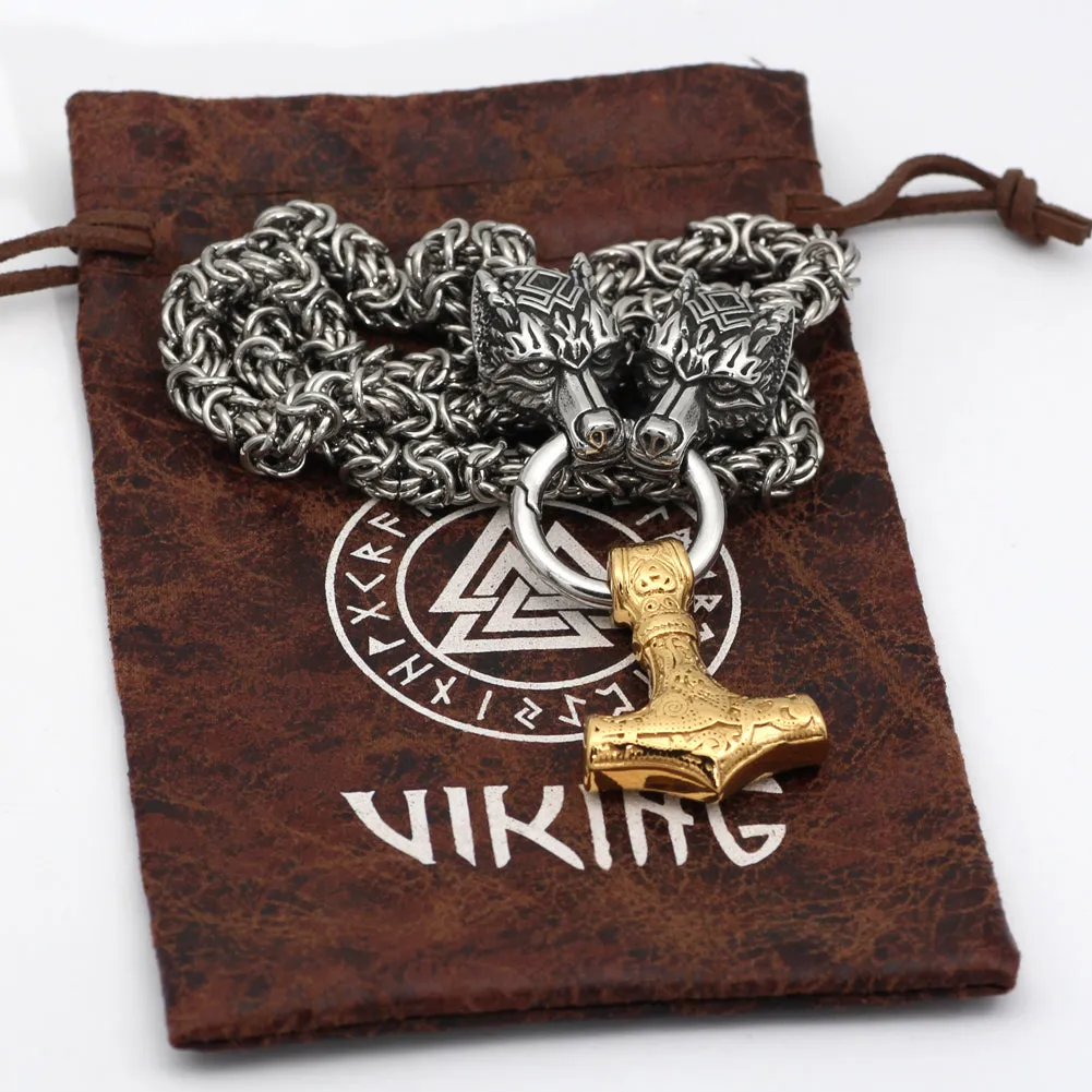 King Chain With Wolf Head & Gold Plated Mjolnir Pendant