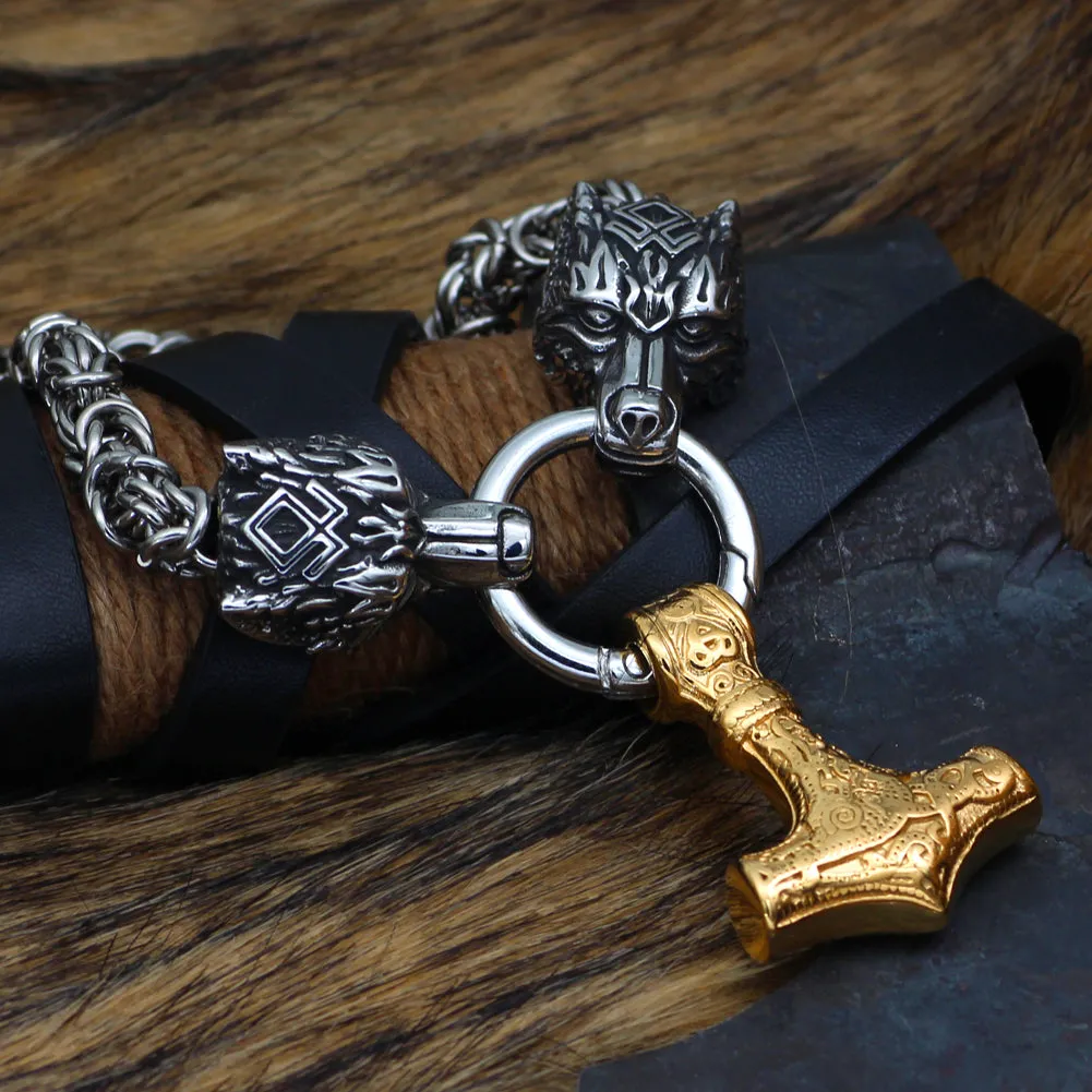 King Chain With Wolf Head & Gold Plated Mjolnir Pendant