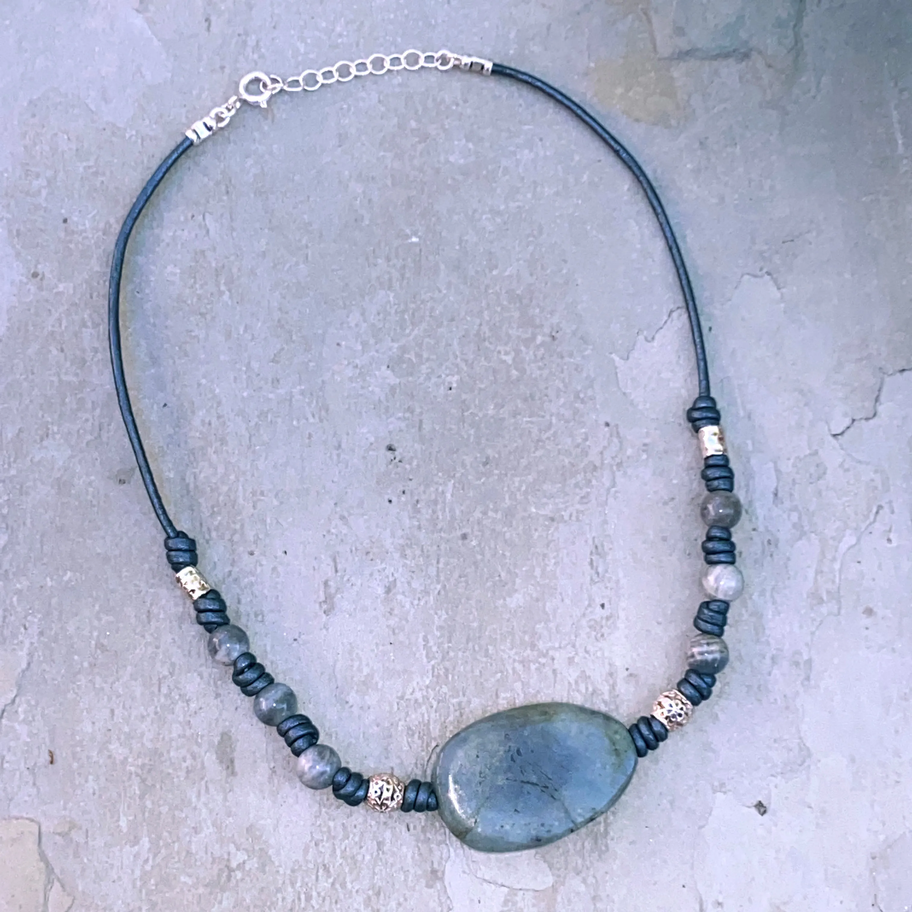 Labradorite gemstone, Sterling Silver, Leather Necklace