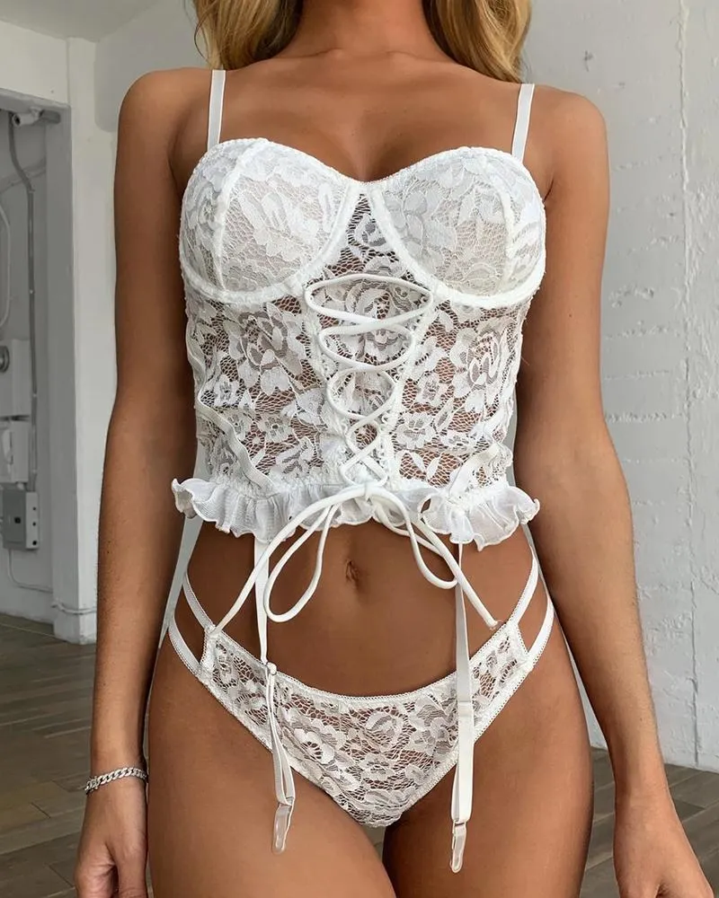 Lace Plain Spaghetti Strap Lingerie Set