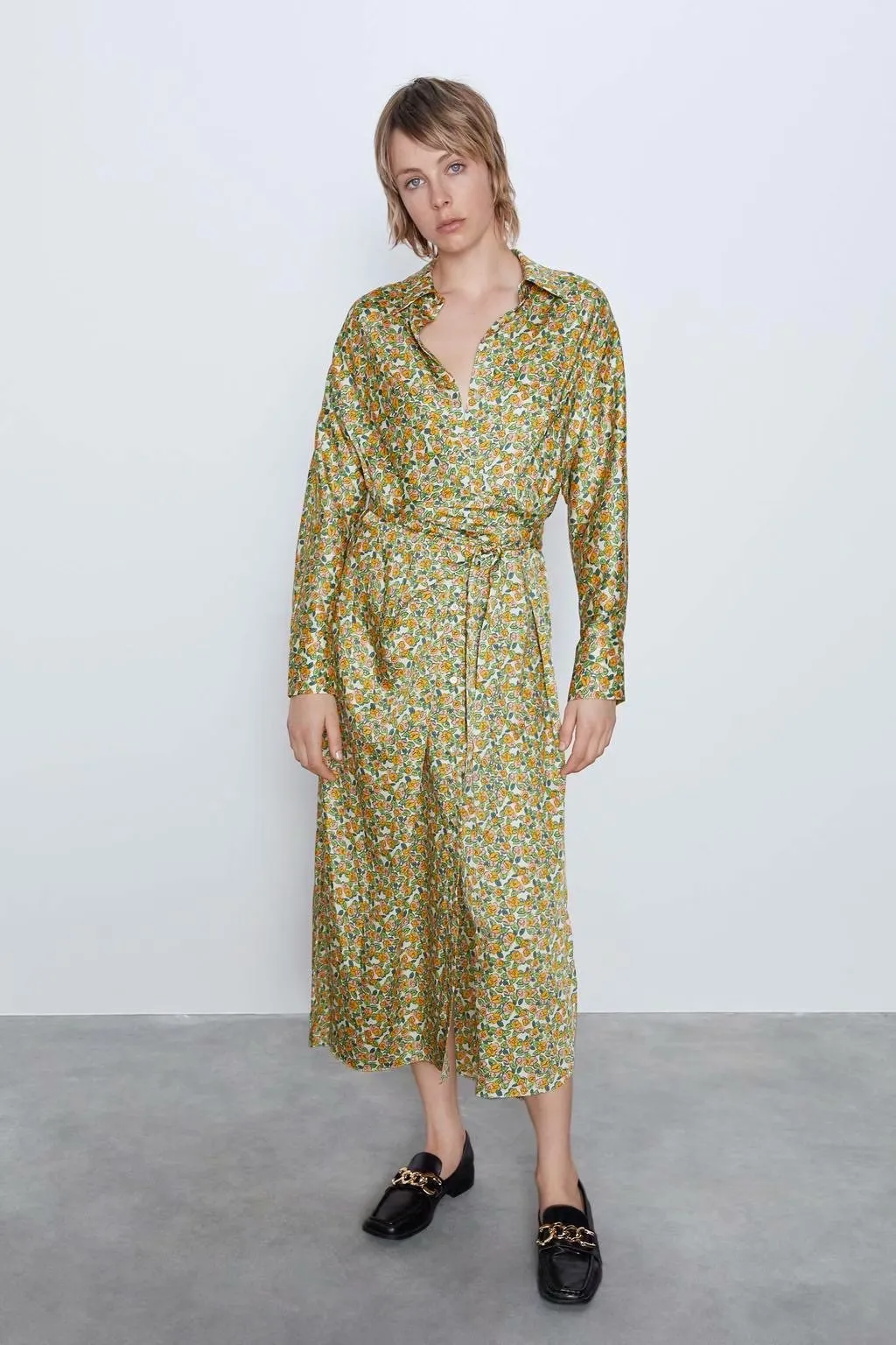 Lace-up Floral Printed Shirt Midi Dress