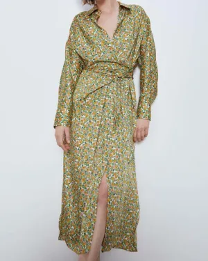 Lace-up Floral Printed Shirt Midi Dress