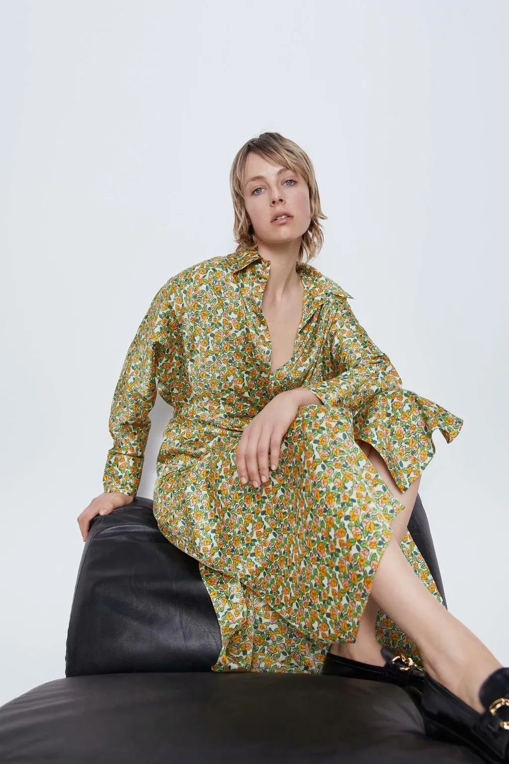 Lace-up Floral Printed Shirt Midi Dress