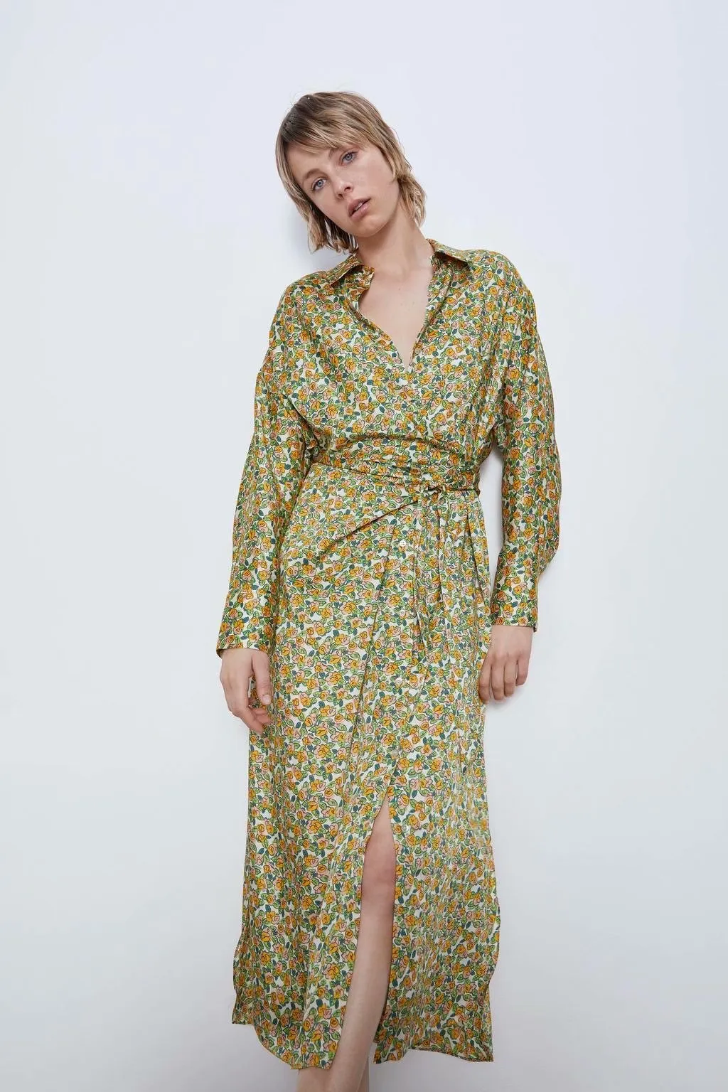 Lace-up Floral Printed Shirt Midi Dress