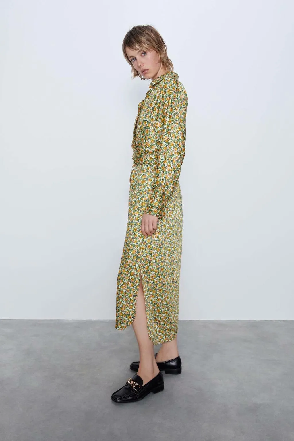 Lace-up Floral Printed Shirt Midi Dress