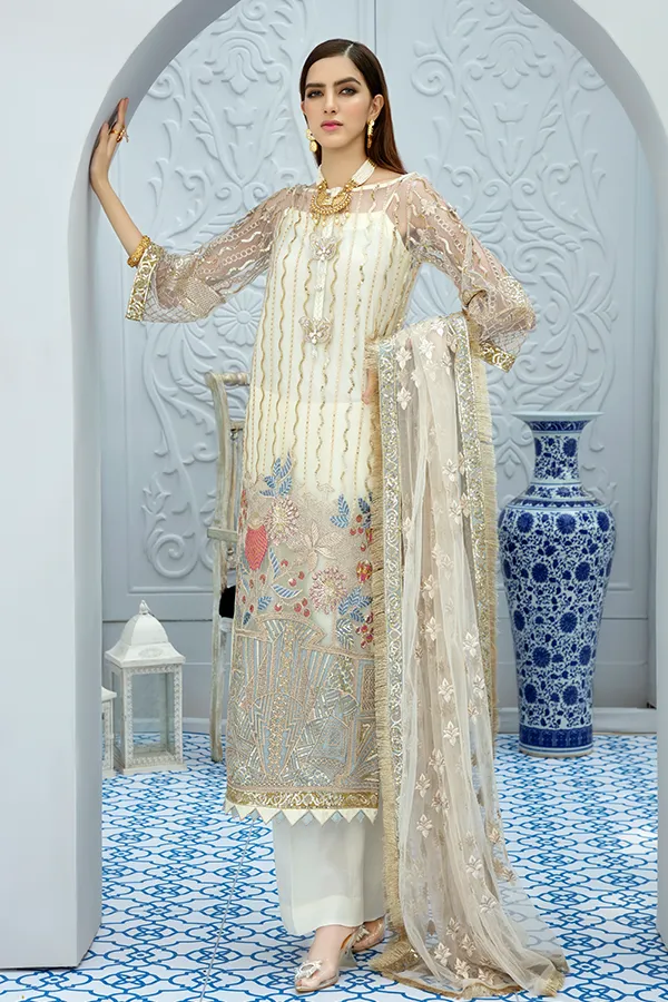 Latest Pakistani Long Dress In Classy Ivory Colour 2020 # CA110