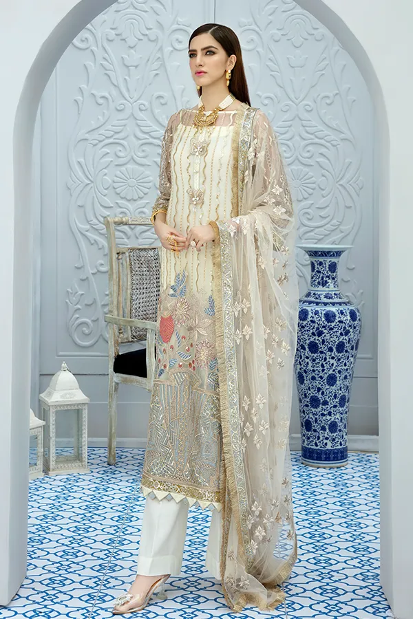 Latest Pakistani Long Dress In Classy Ivory Colour 2020 # CA110