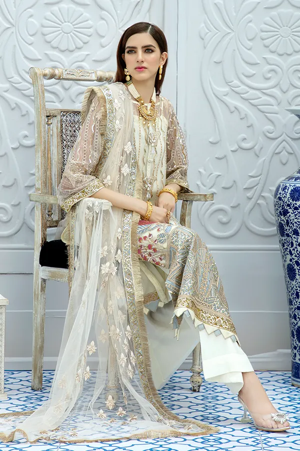 Latest Pakistani Long Dress In Classy Ivory Colour 2020 # CA110