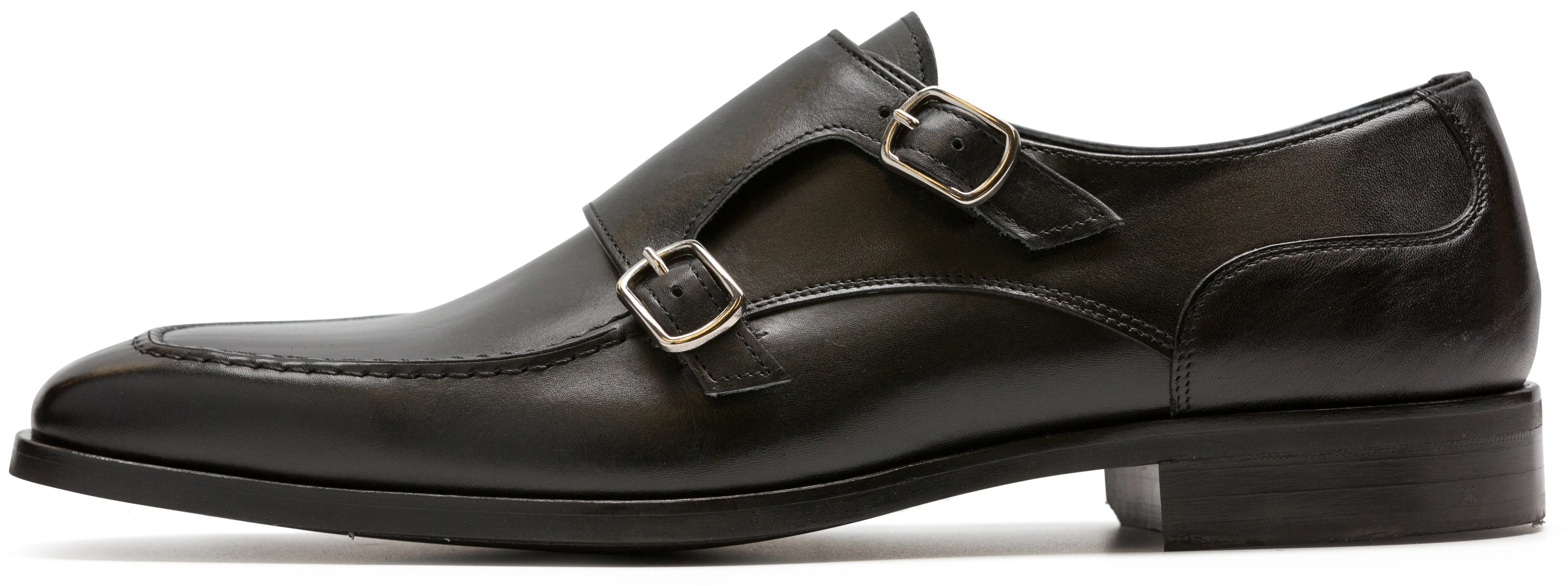 Luciana Men's Black Leather Monk Strap Apron Toe 21052