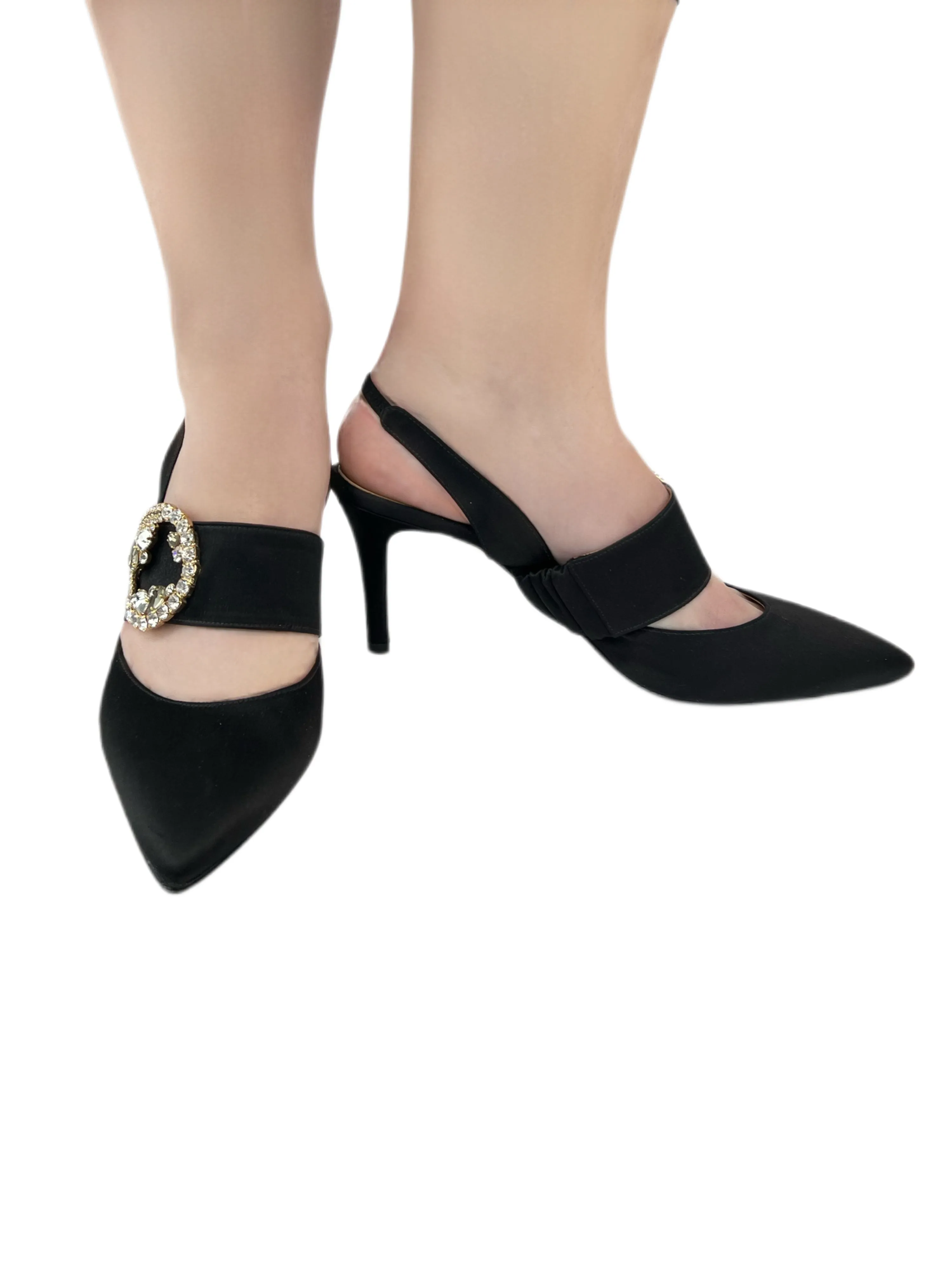 Marina Rinaldi Women's Nero Larice Satin Slingback Embellished Pumps NWB