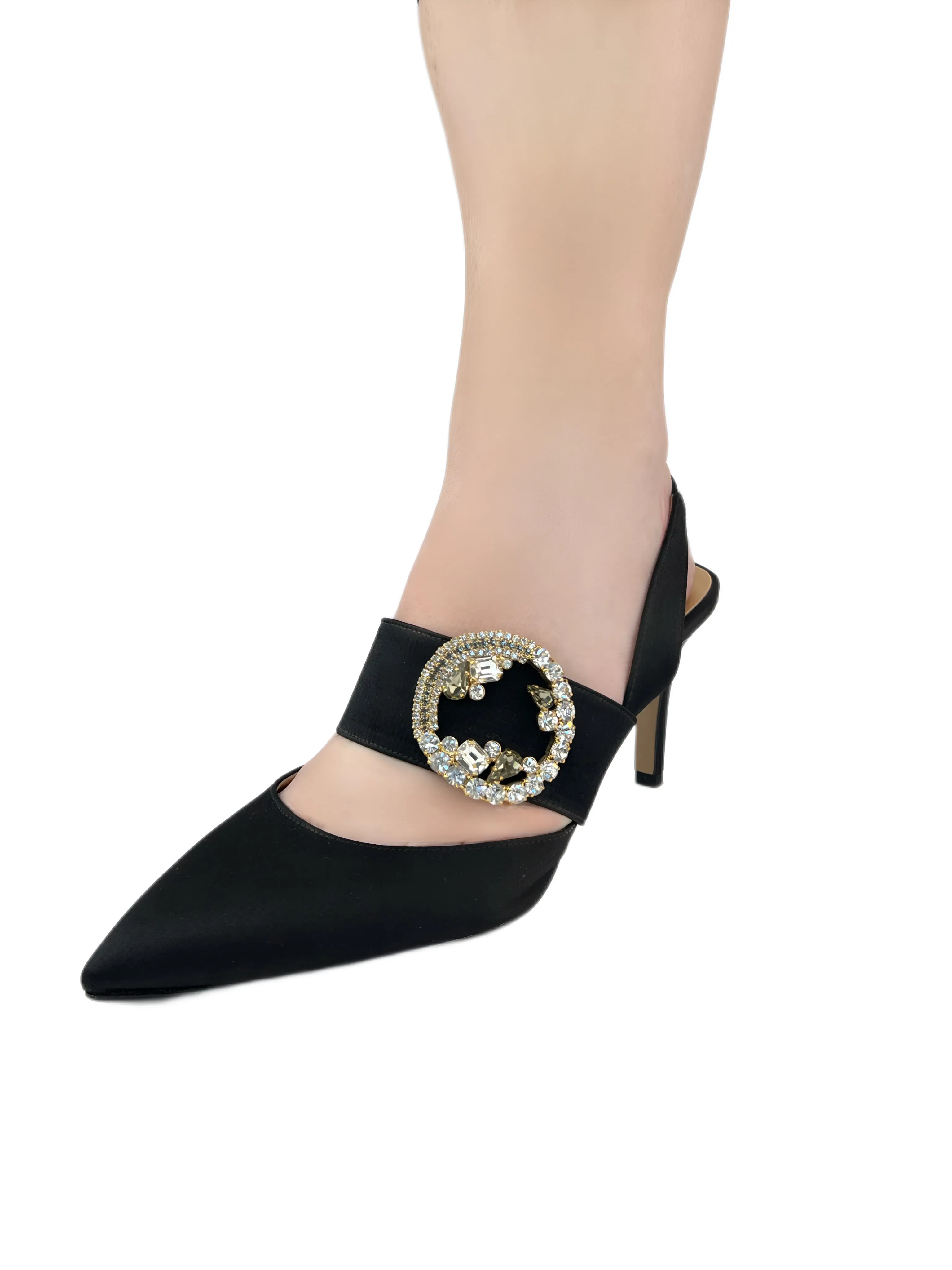 Marina Rinaldi Women's Nero Larice Satin Slingback Embellished Pumps NWB