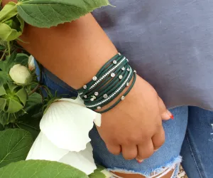 Matte Green Bezel Rhinestone Double Wrap Bracelet