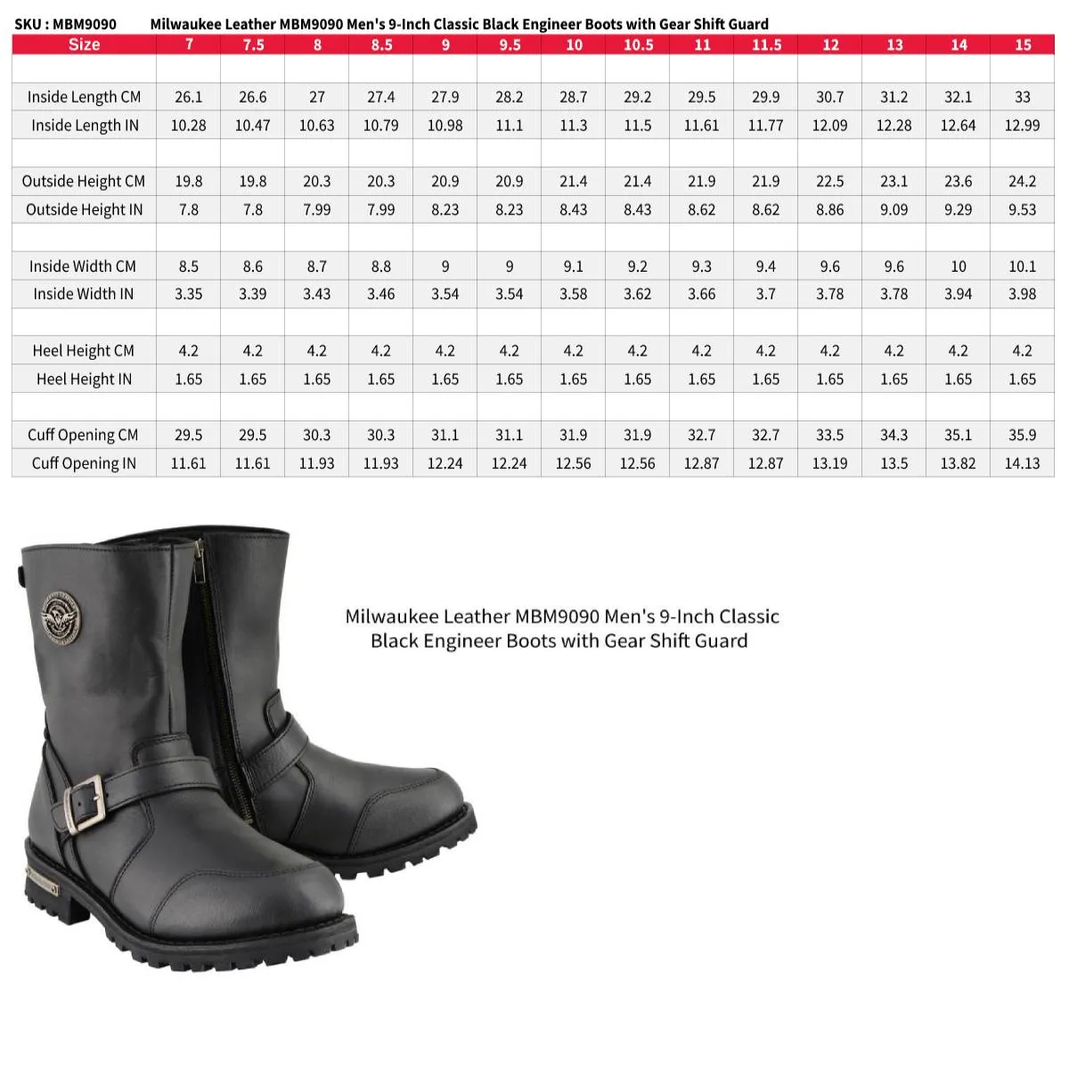 MBM9090 Men's 9-Inch Classic Black Engineer Motorcycle Boots with Gear Shift Guard