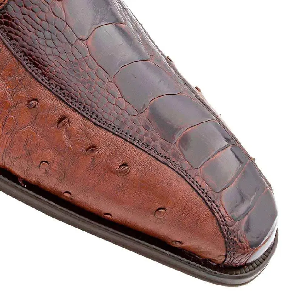 Men's Genuine Full Quill Ostrich Leg Monk Strap Brown Shoes By Mezlan Made in Spain Brand