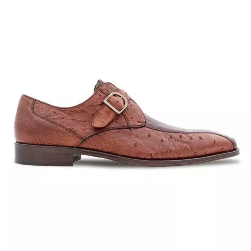 Men's Genuine Full Quill Ostrich Leg Monk Strap Brown Shoes By Mezlan Made in Spain Brand