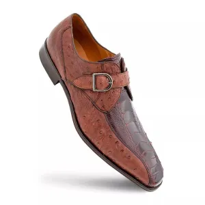 Men's Genuine Full Quill Ostrich Leg Monk Strap Brown Shoes By Mezlan Made in Spain Brand