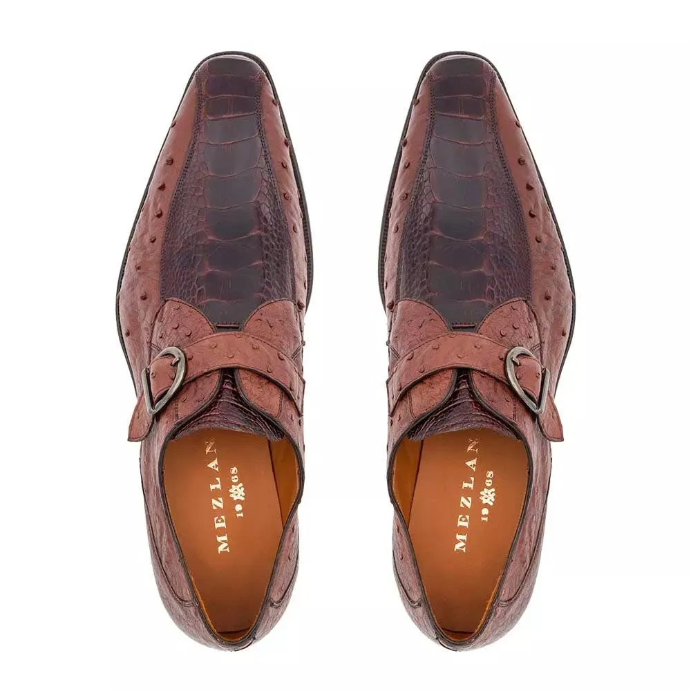 Men's Genuine Full Quill Ostrich Leg Monk Strap Brown Shoes By Mezlan Made in Spain Brand