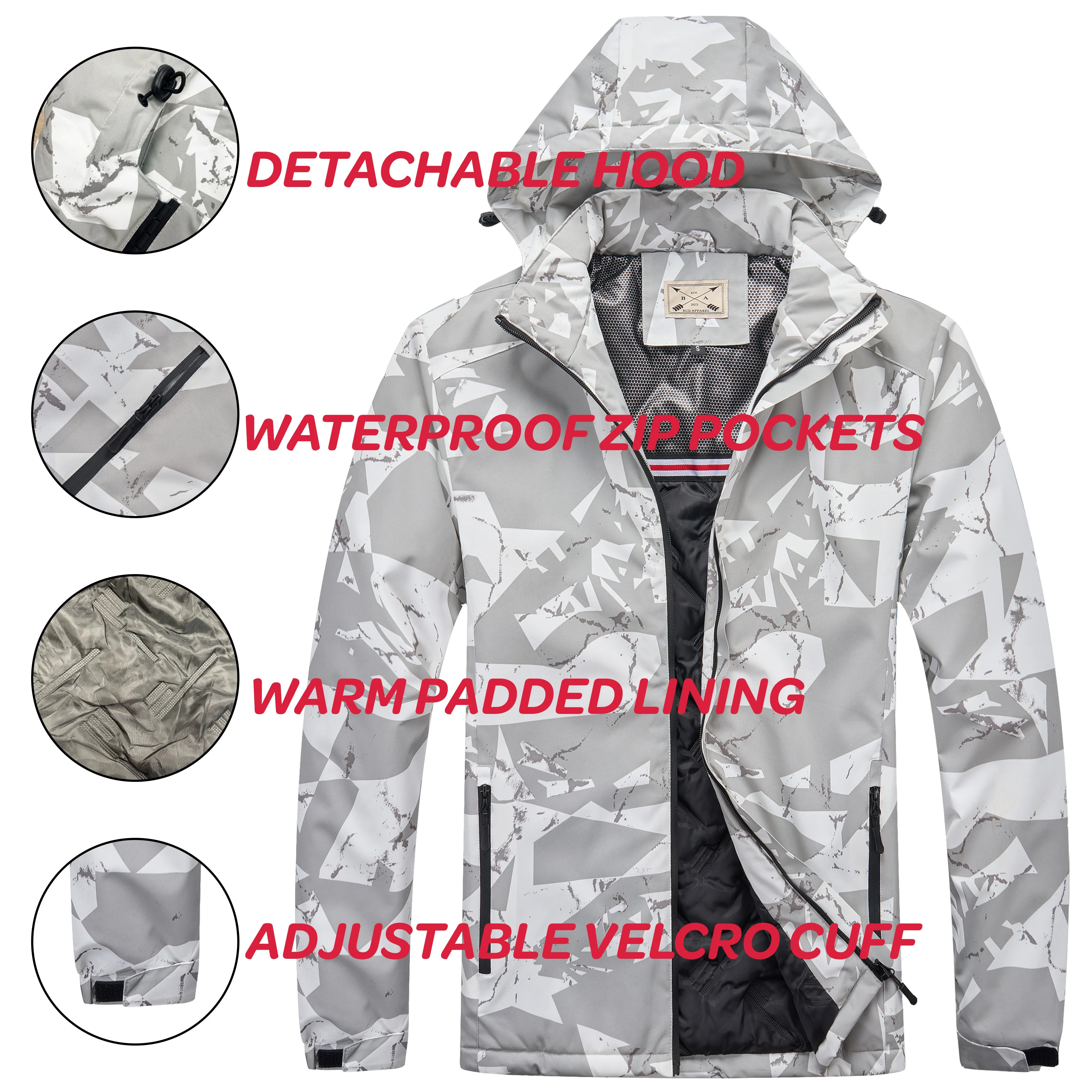 Men’s Padded Waterproof Camo Coat - White