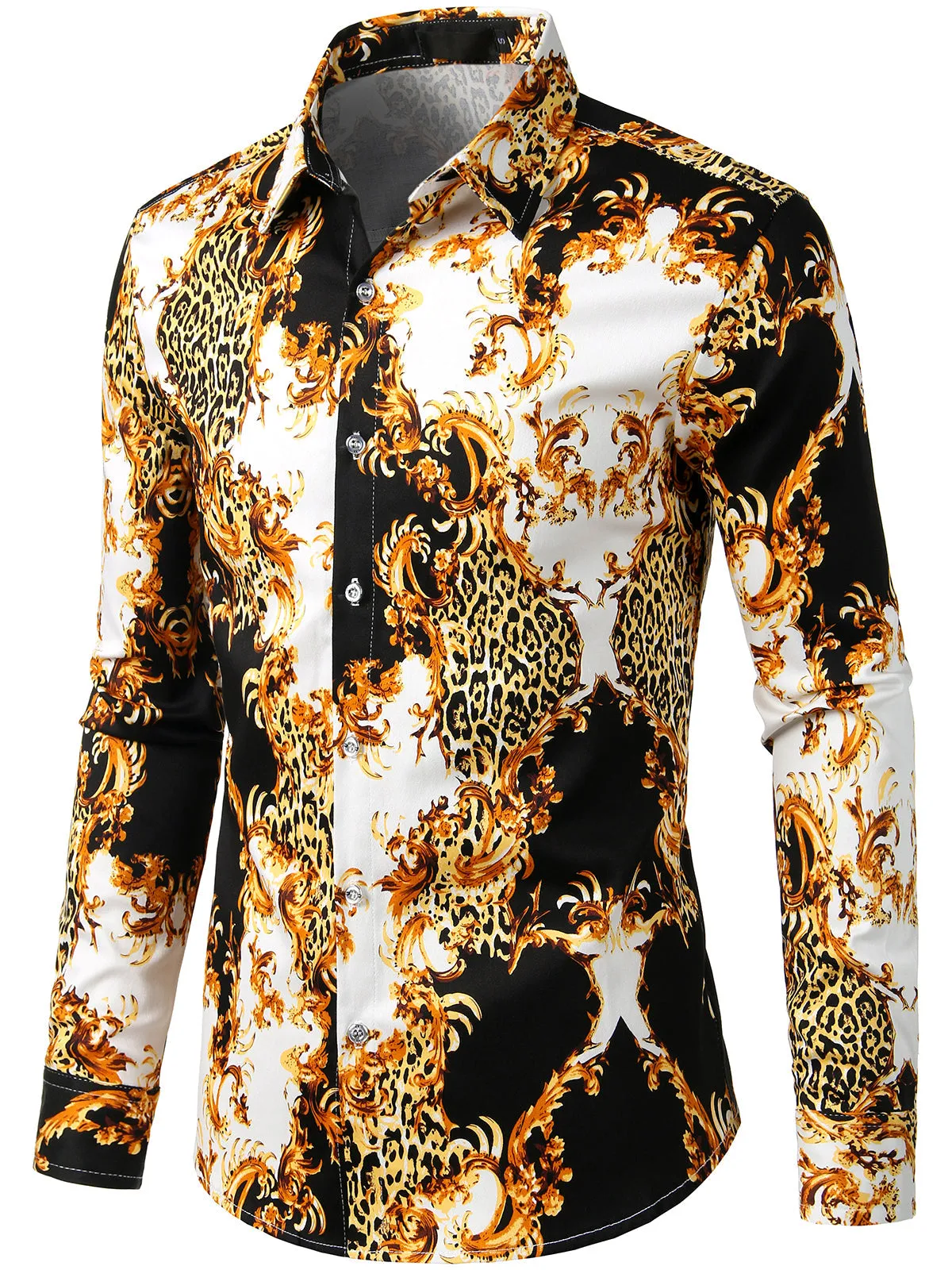 Men's Retro Print Long Sleeve Cotton Casual Button Down Shirt