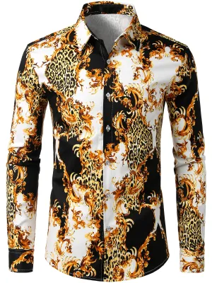 Men's Retro Print Long Sleeve Cotton Casual Button Down Shirt