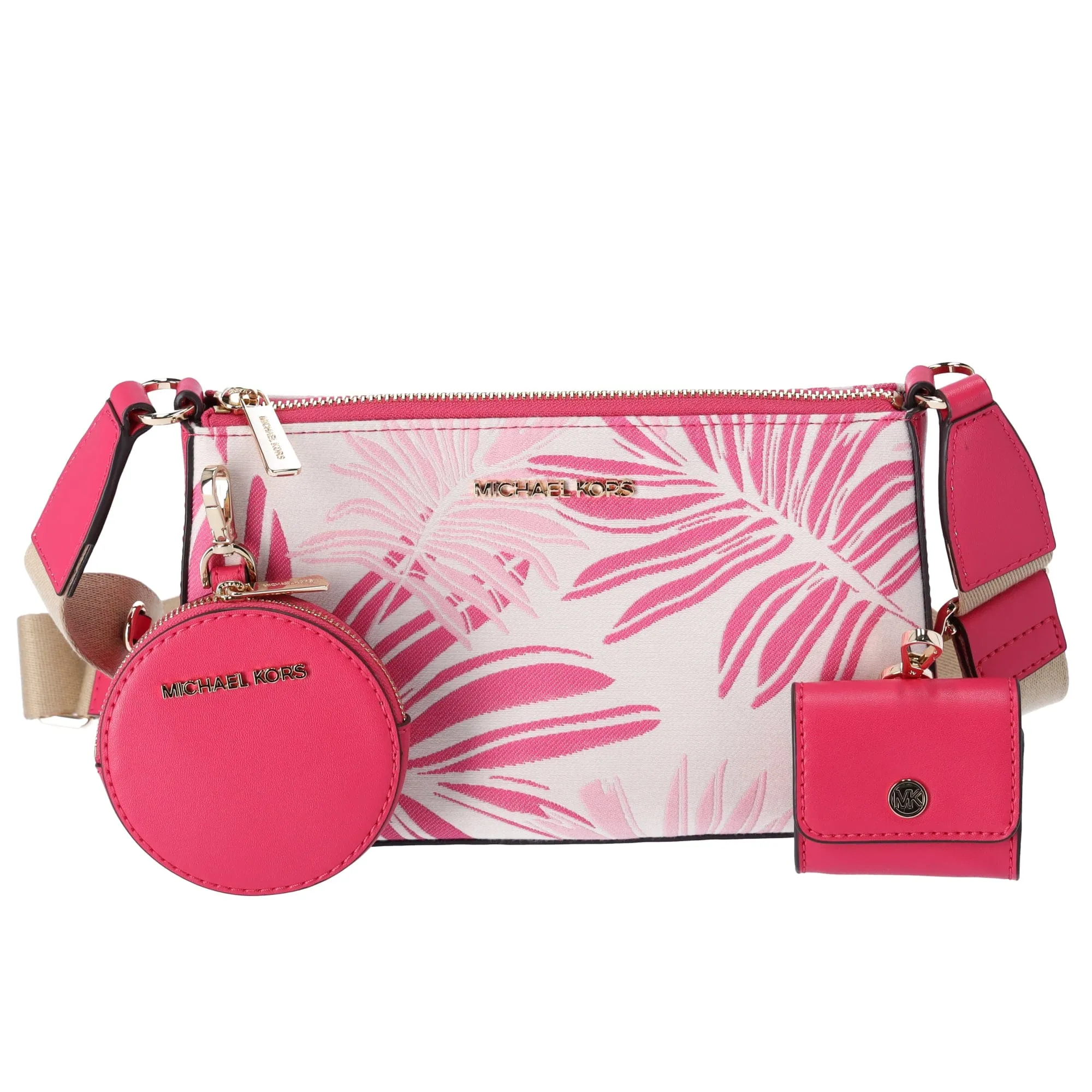 Michael Kors Jet Set Crossbody Tech Accessories Attached Pink Multi Palm Leaves