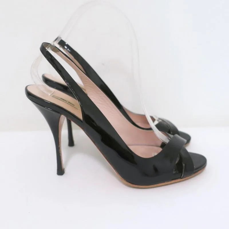 Miu Miu Slingback Sandals Black Patent Leather Size 38 Crisscross Open Toe Heels