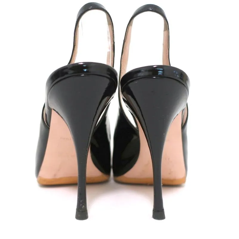 Miu Miu Slingback Sandals Black Patent Leather Size 38 Crisscross Open Toe Heels