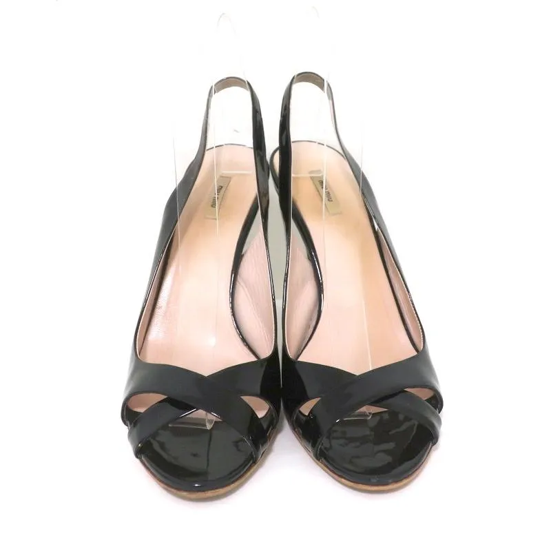 Miu Miu Slingback Sandals Black Patent Leather Size 38 Crisscross Open Toe Heels