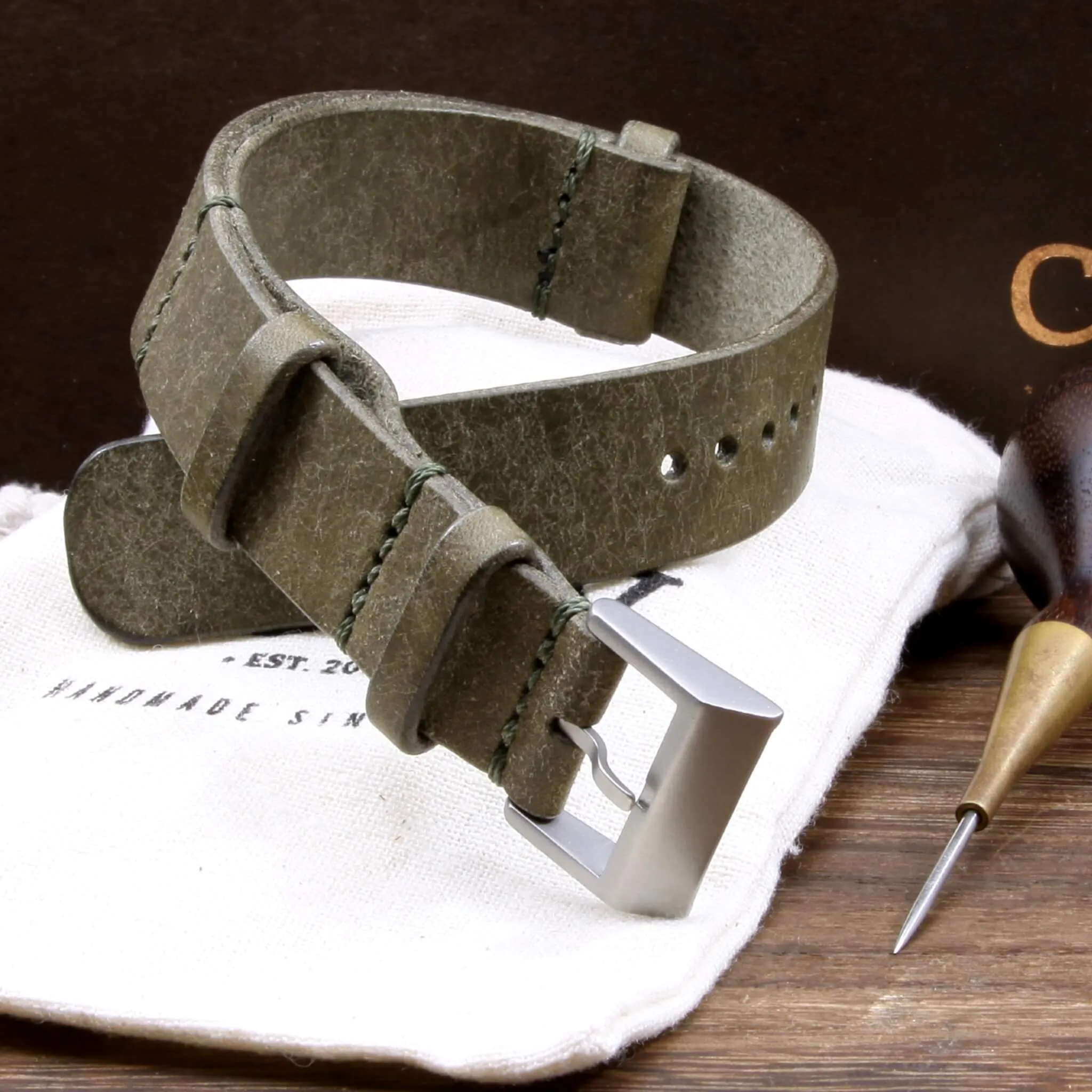 NAT2 Leather Watch Strap, Rustic Olive