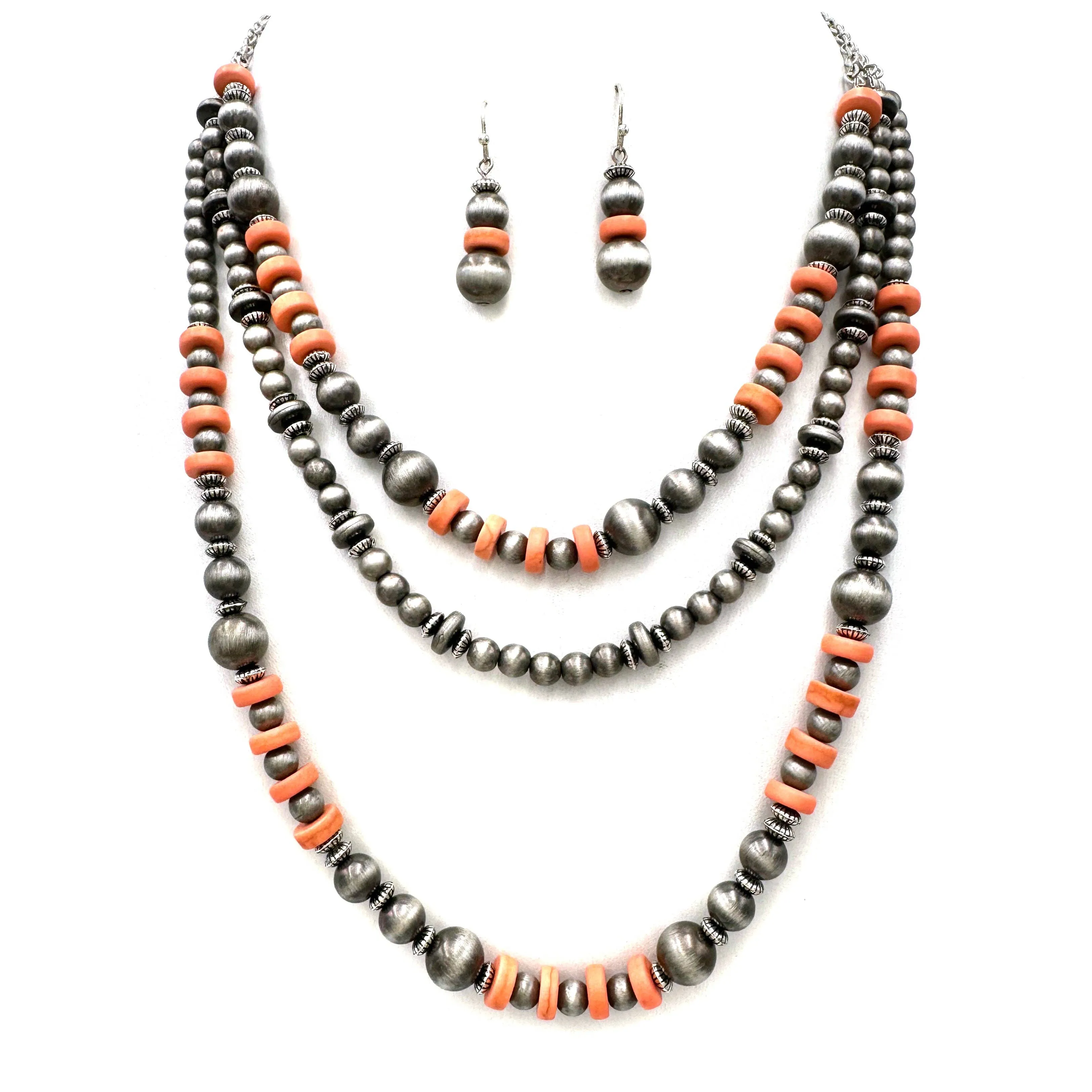 Navajo Pink Turquoise Layer Necklace Earrings Set: Pink