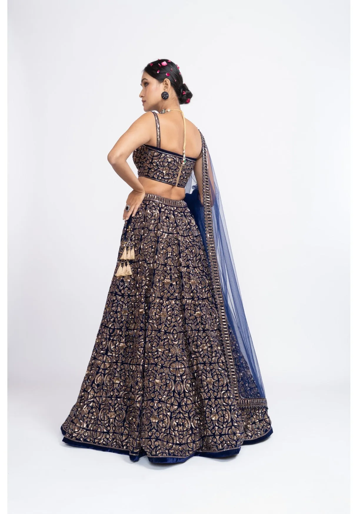 Navy Blue Fully Embroidered Corset Lehenga Set
