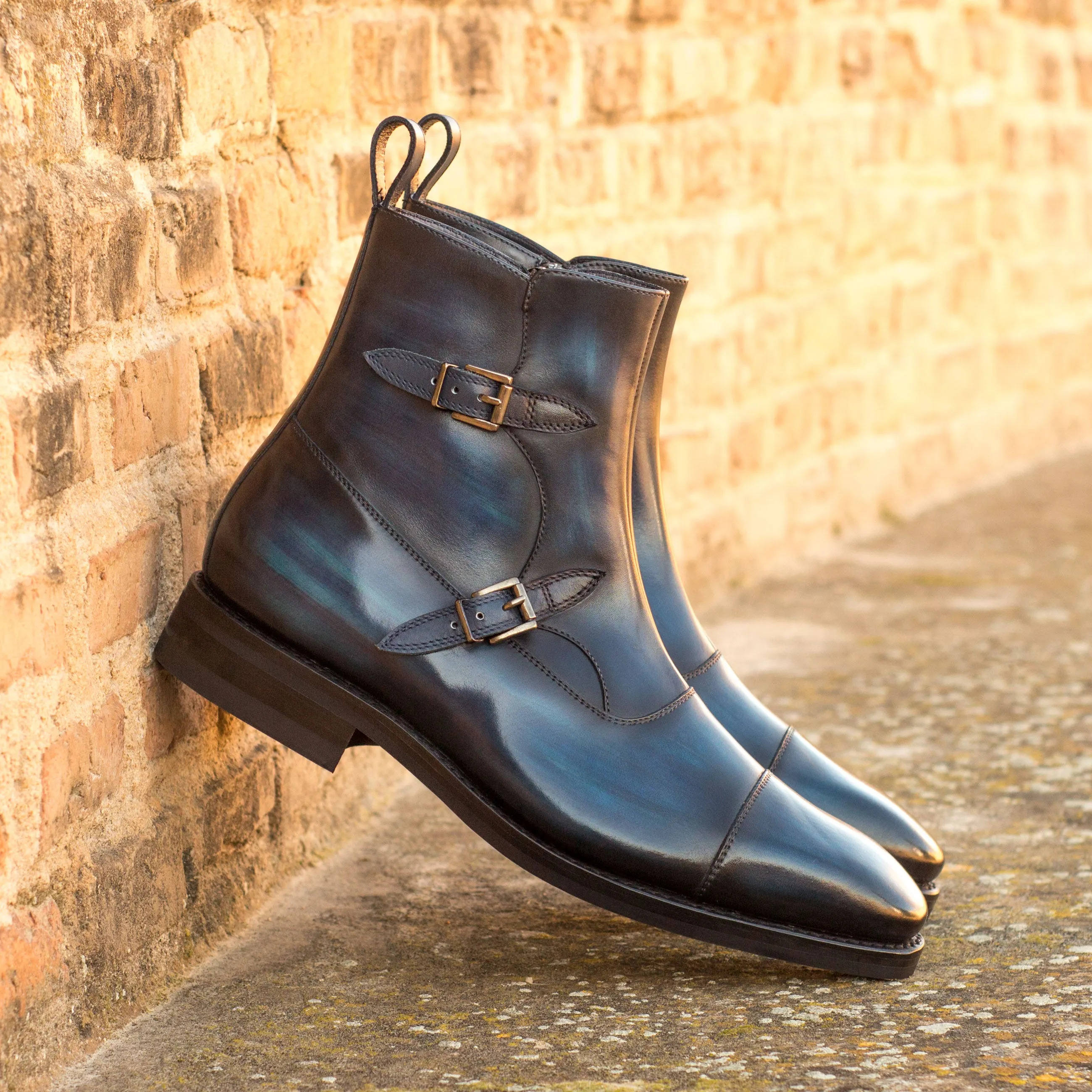 Navy Patina Leather Double-Monk Boots