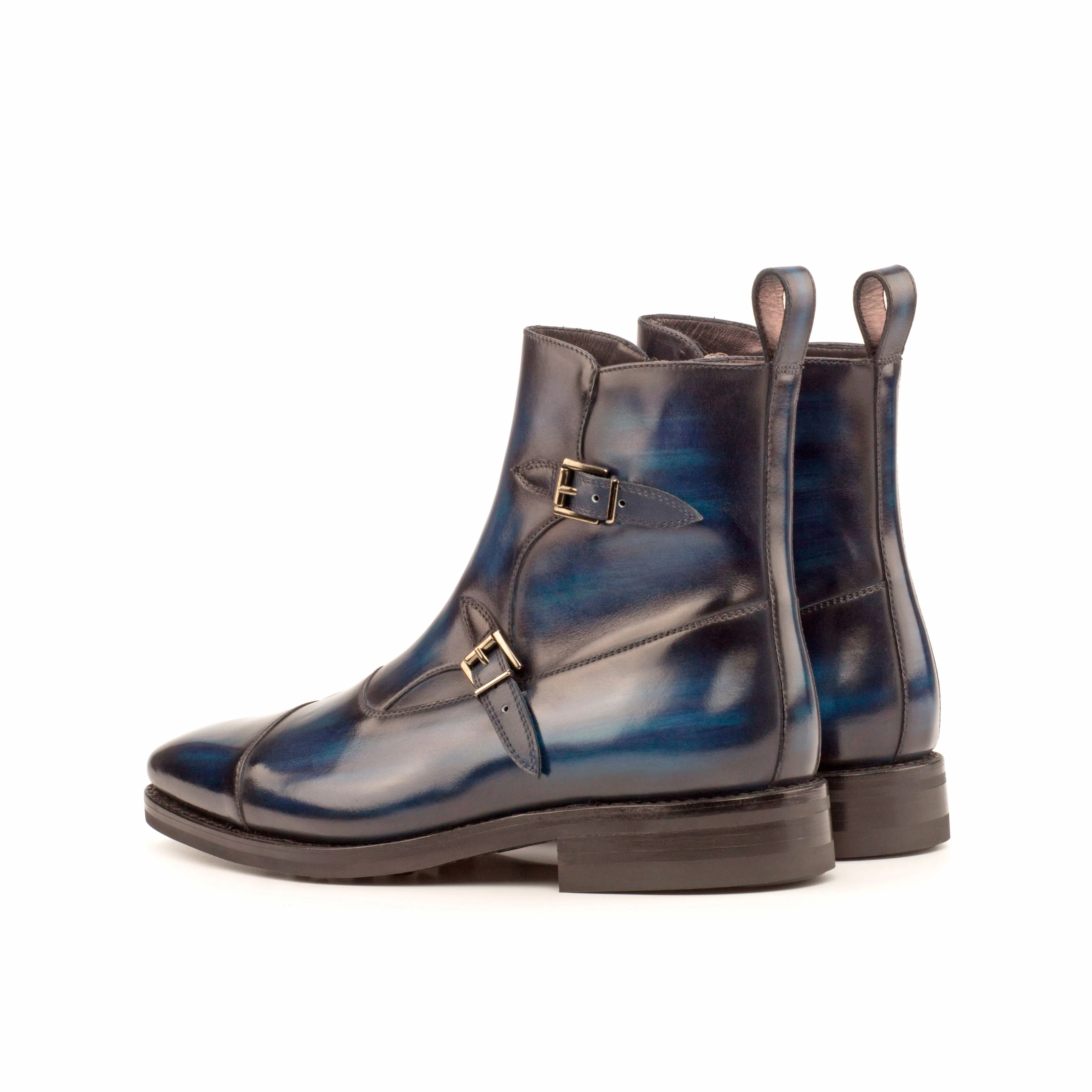Navy Patina Leather Double-Monk Boots