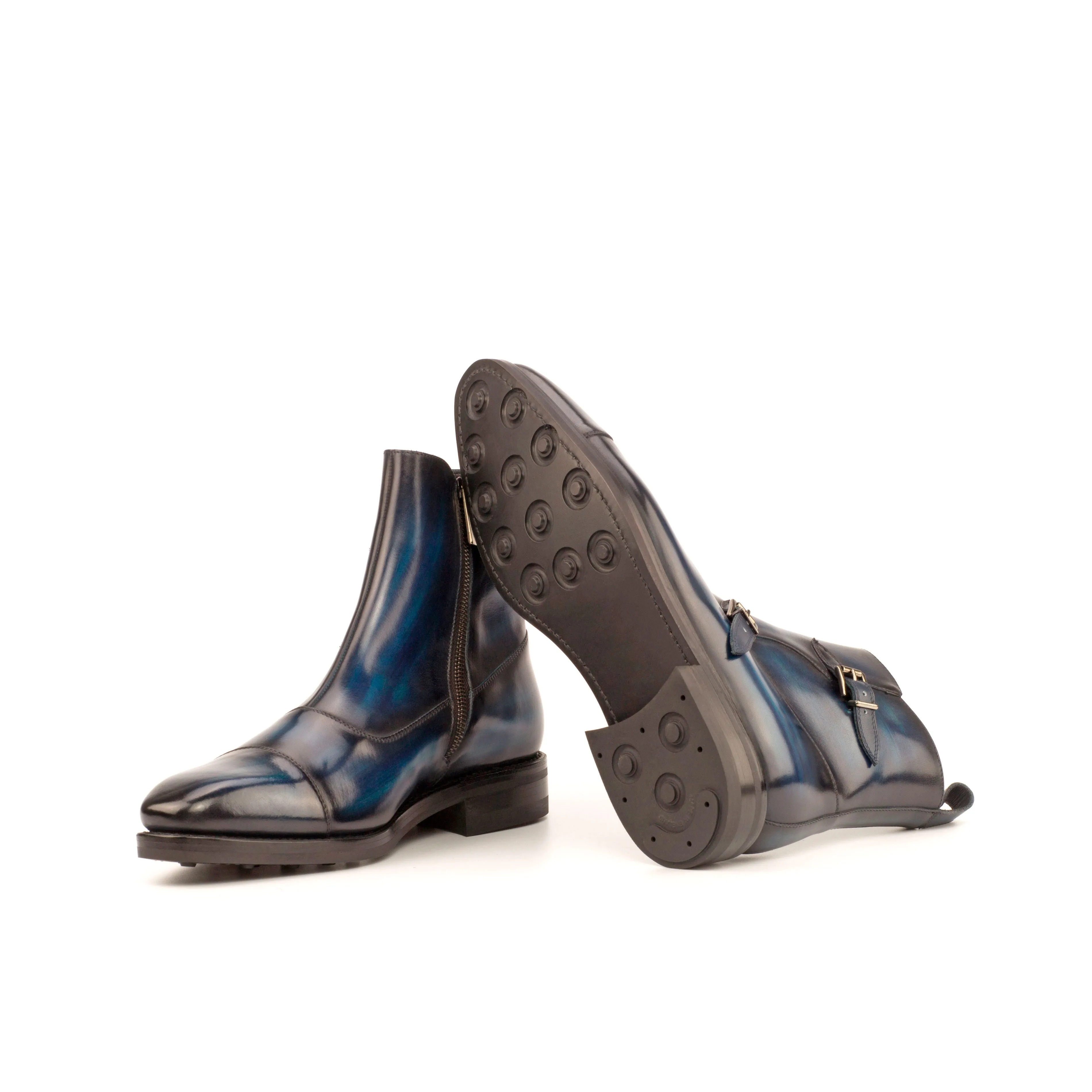 Navy Patina Leather Double-Monk Boots
