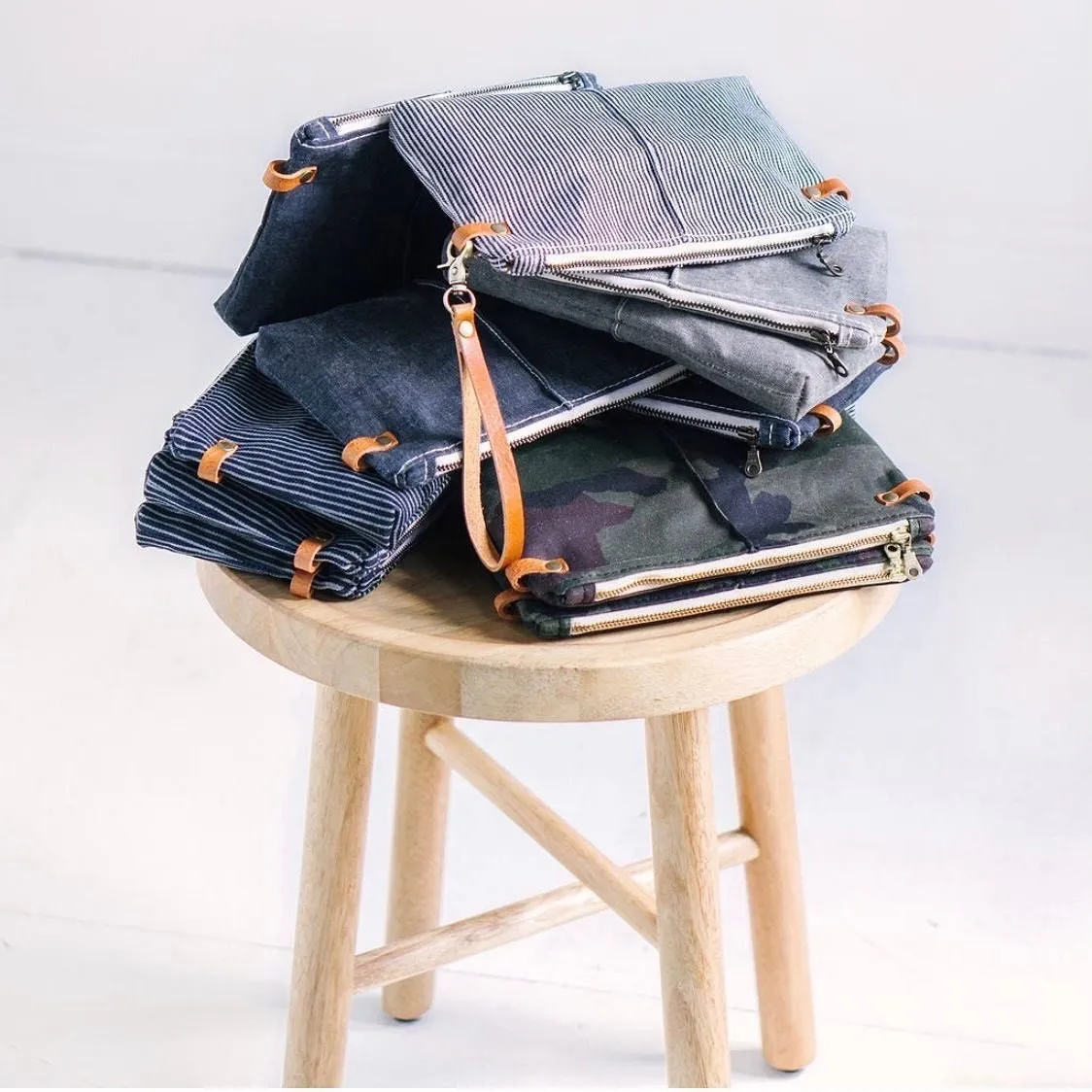 Navy Waxed Denim Crossbody Wallet/Clutch Pouch with Genuine Leather Wristlet Strap or Crossbody Strap