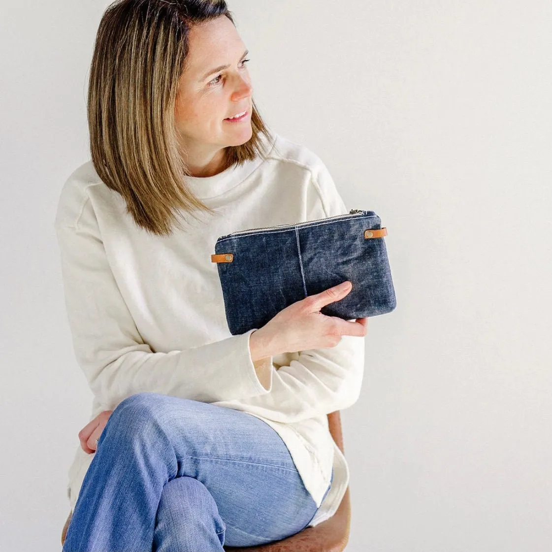 Navy Waxed Denim Crossbody Wallet/Clutch Pouch with Genuine Leather Wristlet Strap or Crossbody Strap