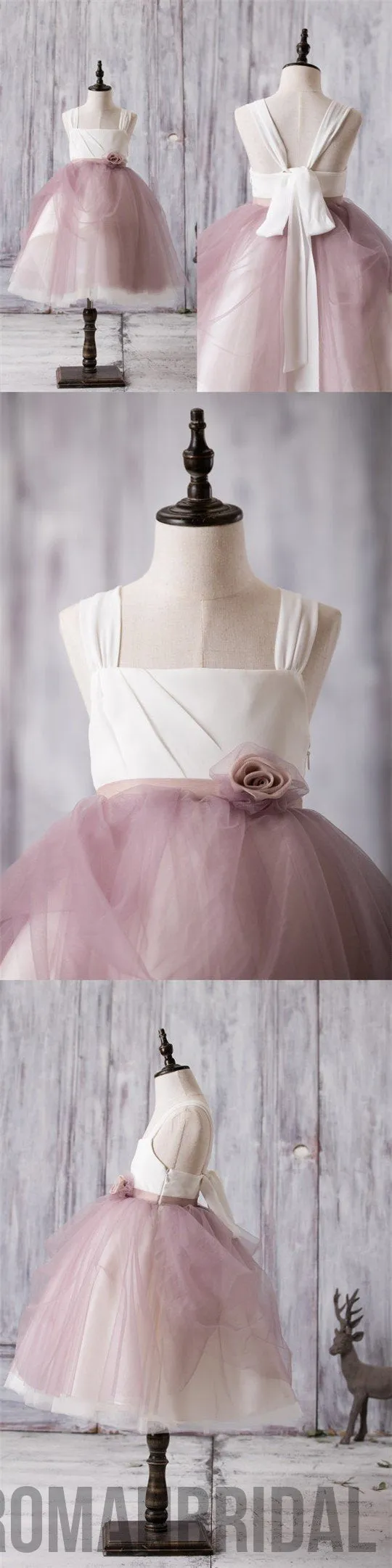 Newest Arrival Strap White Top Dusty Rose Tulle Cute Flower Girl Dresses, FG012