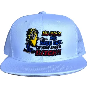 NO MORE MR NICE GUY ON YOUR KNEES White Mesh Trucker Flat Brim SnapBack Funny Cap Hat Custom Embroidered