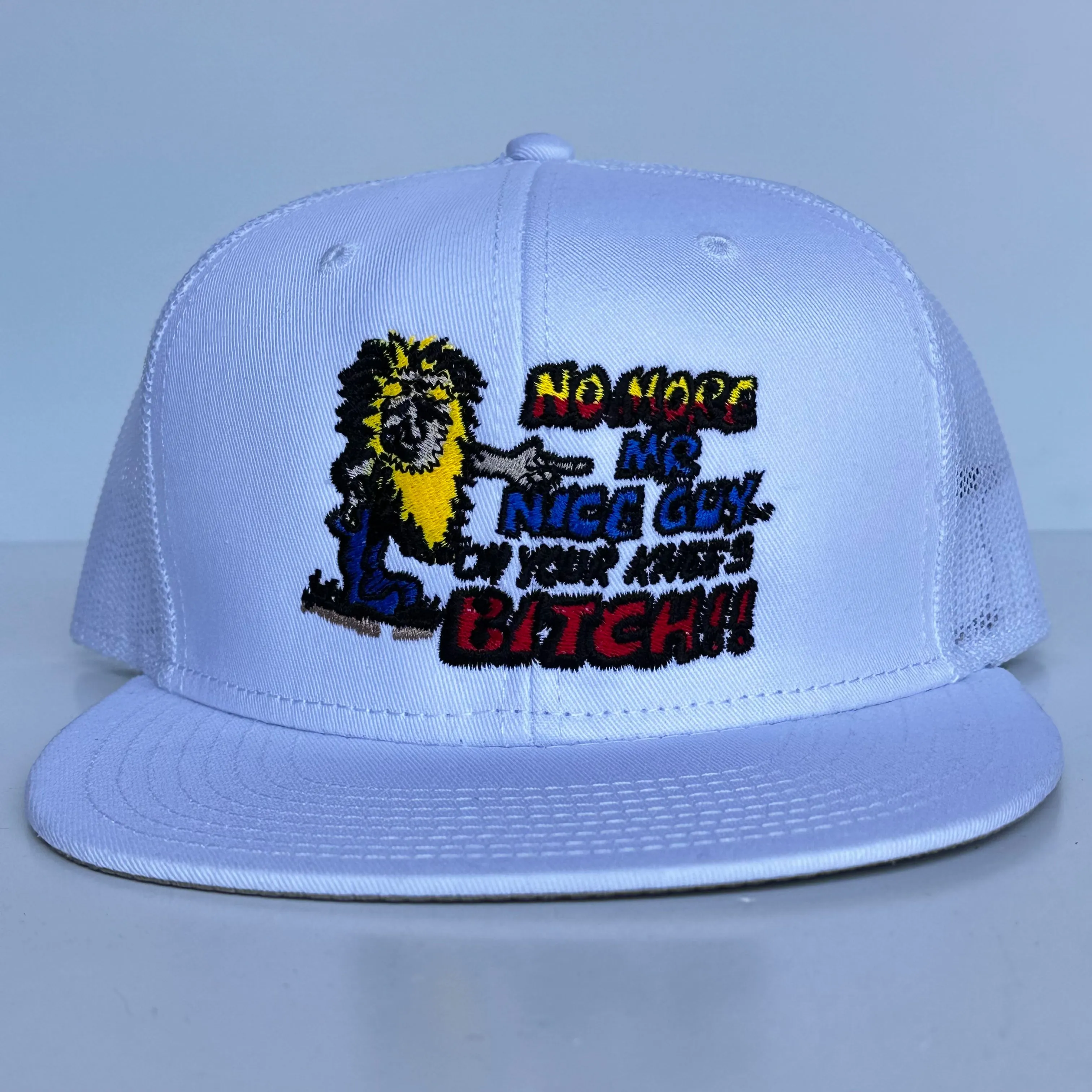 NO MORE MR NICE GUY ON YOUR KNEES White Mesh Trucker Flat Brim SnapBack Funny Cap Hat Custom Embroidered