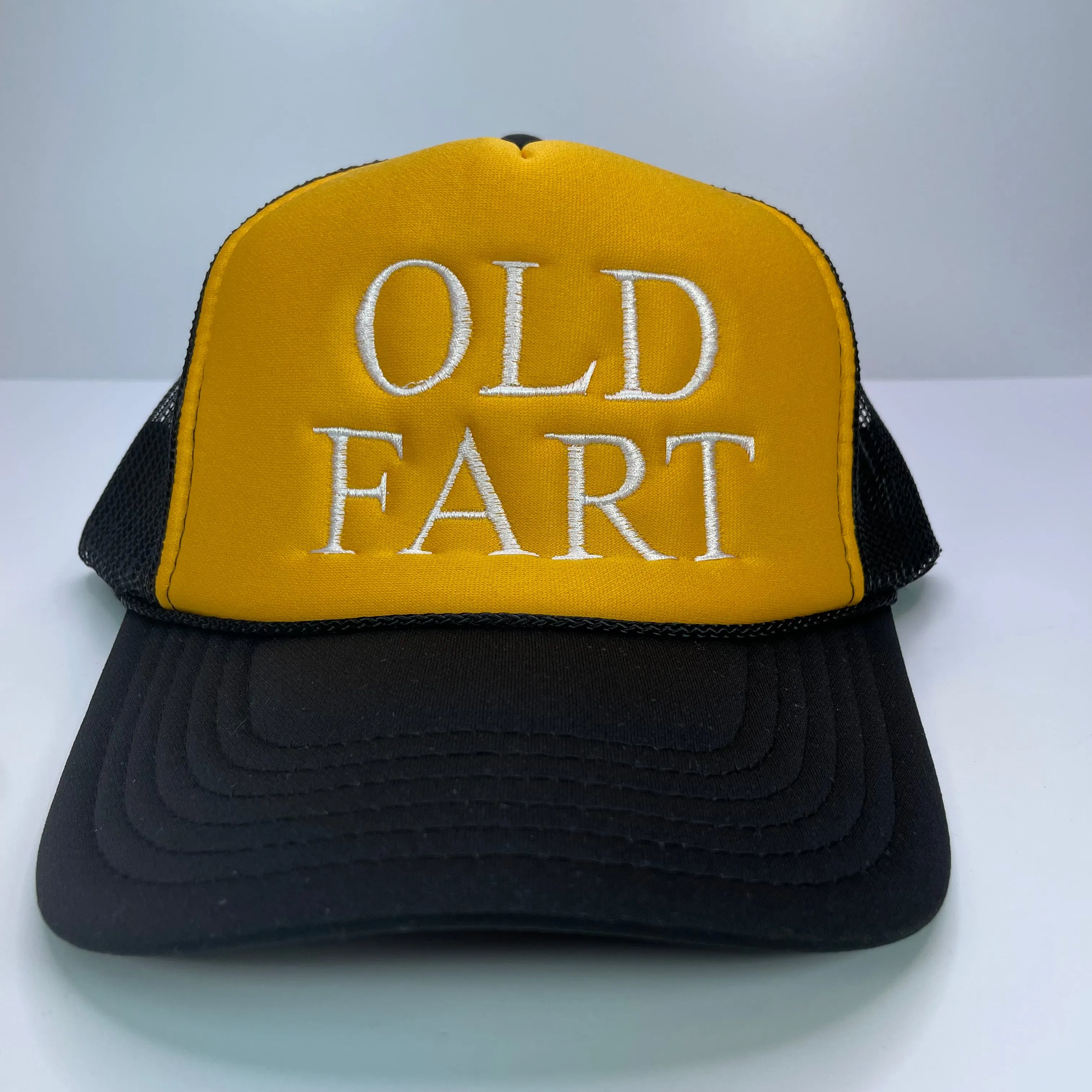 Old Fart Vintage Custom Embroidered Yellow crown black Brim Mesh Trucker SnapBack Hat Cap