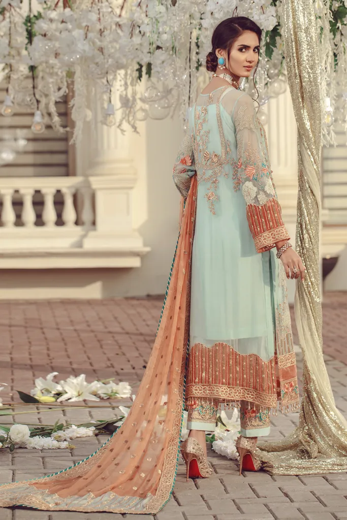 Pakistani embroidered formal eid outfit in green and peach color # P2497