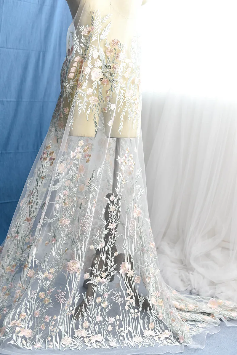 Pastel Embroidered Blush Floral Lace LC1001