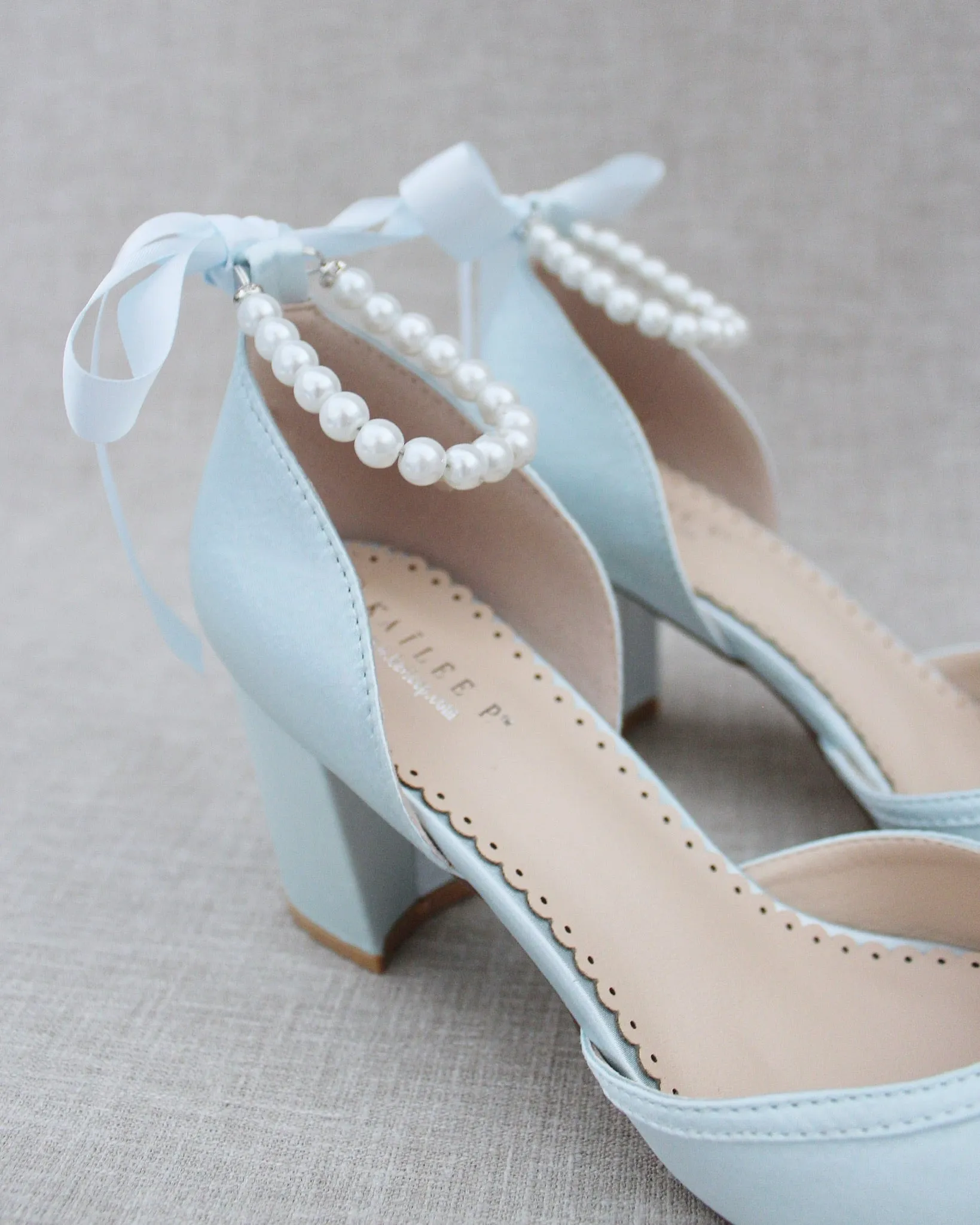 Pearl Ankle Strap Block Heel Wedding Shoes