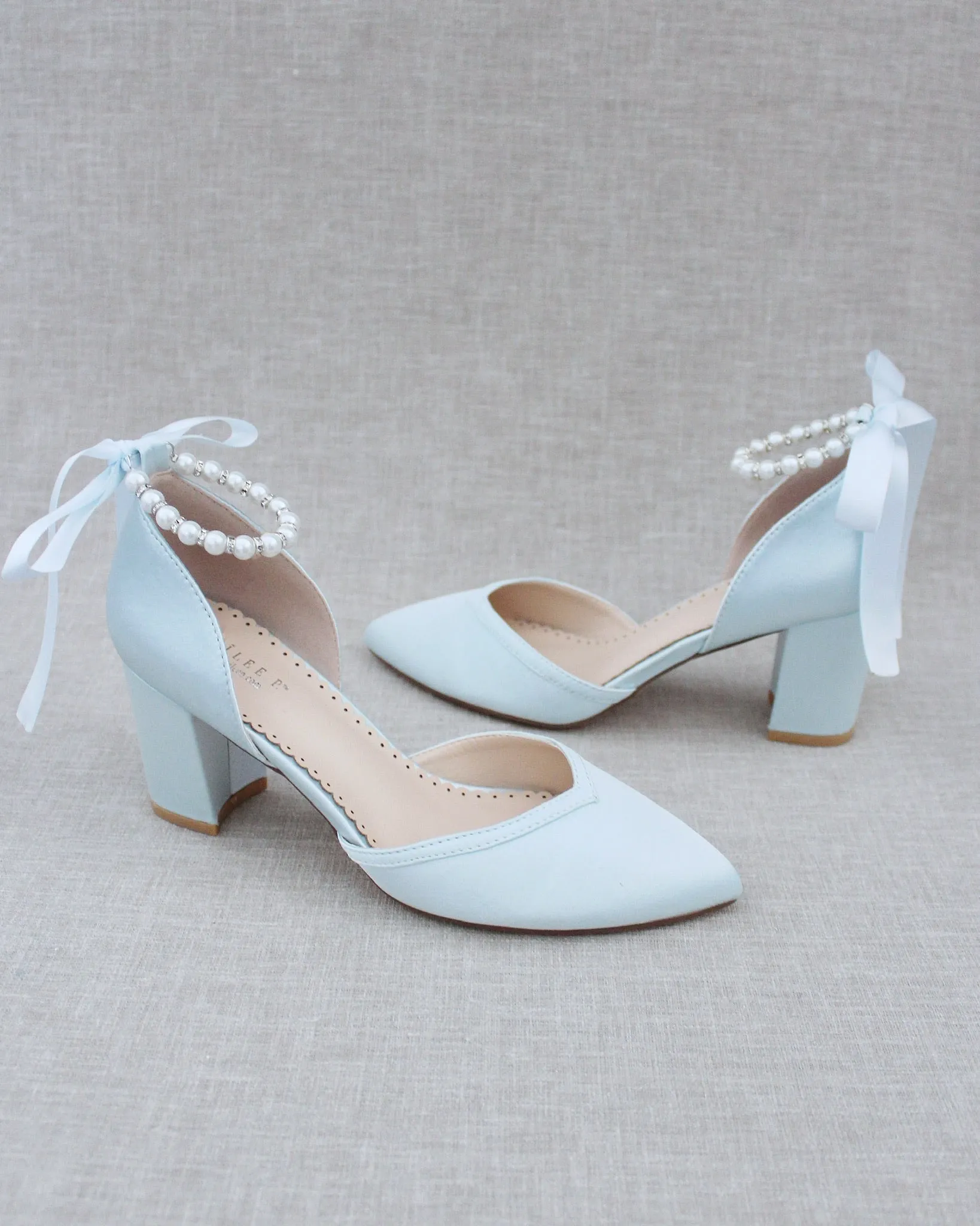 Pearl Ankle Strap Block Heel Wedding Shoes