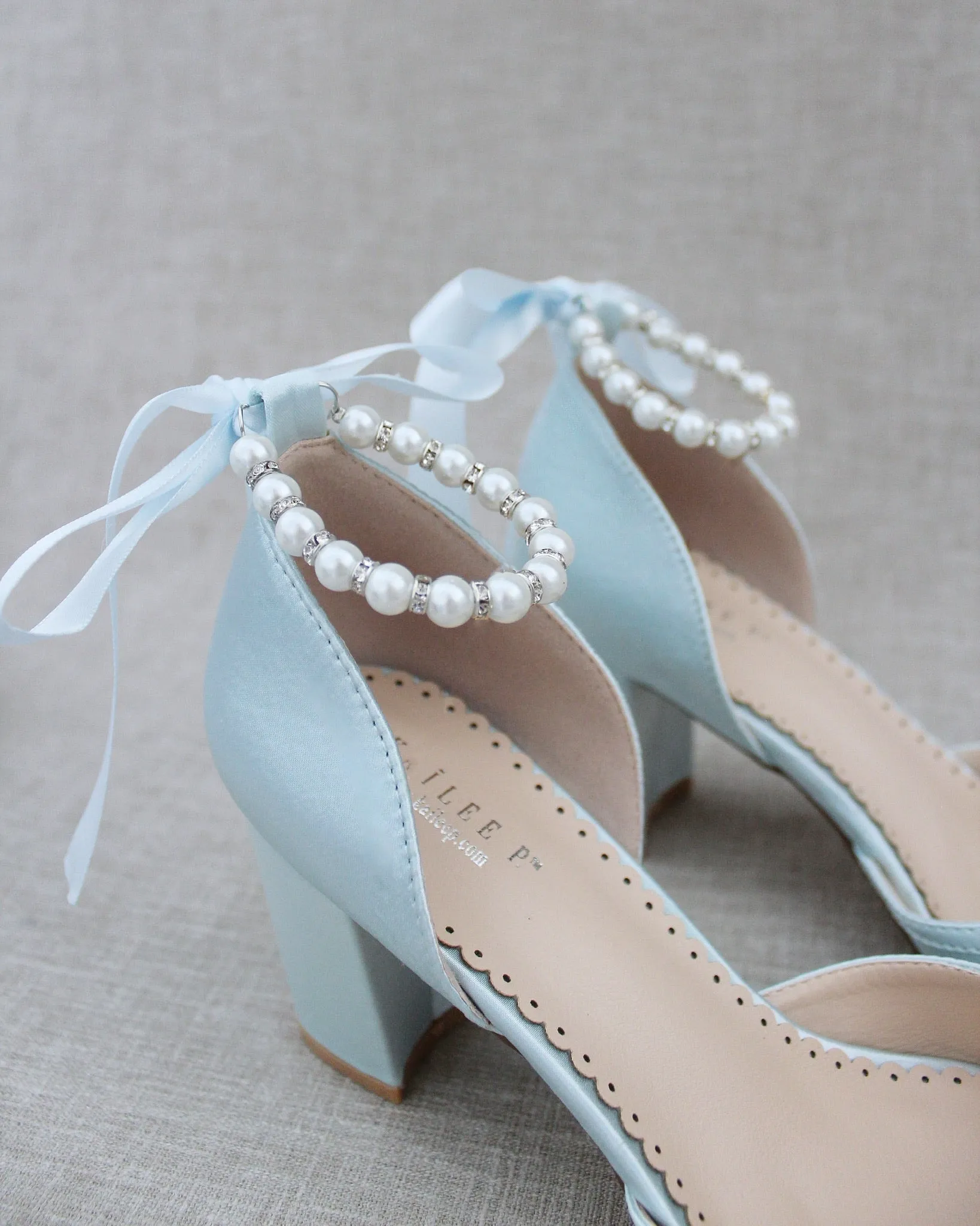Pearl Ankle Strap Block Heel Wedding Shoes
