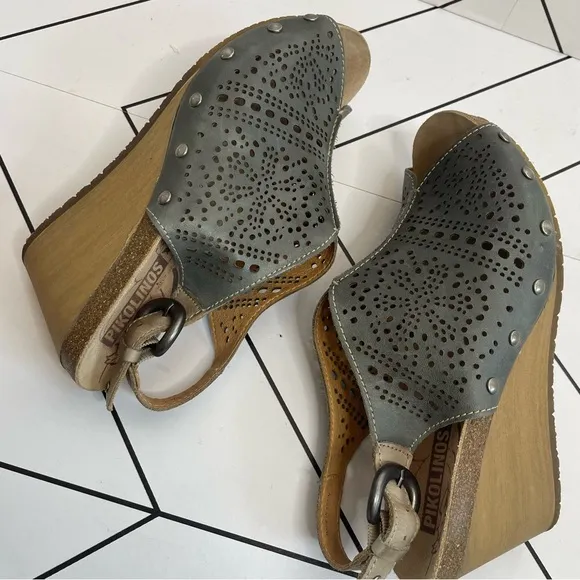 Pikolinos | Benissa Slingback Perforates Leather Peep Toe Wedge Size 41