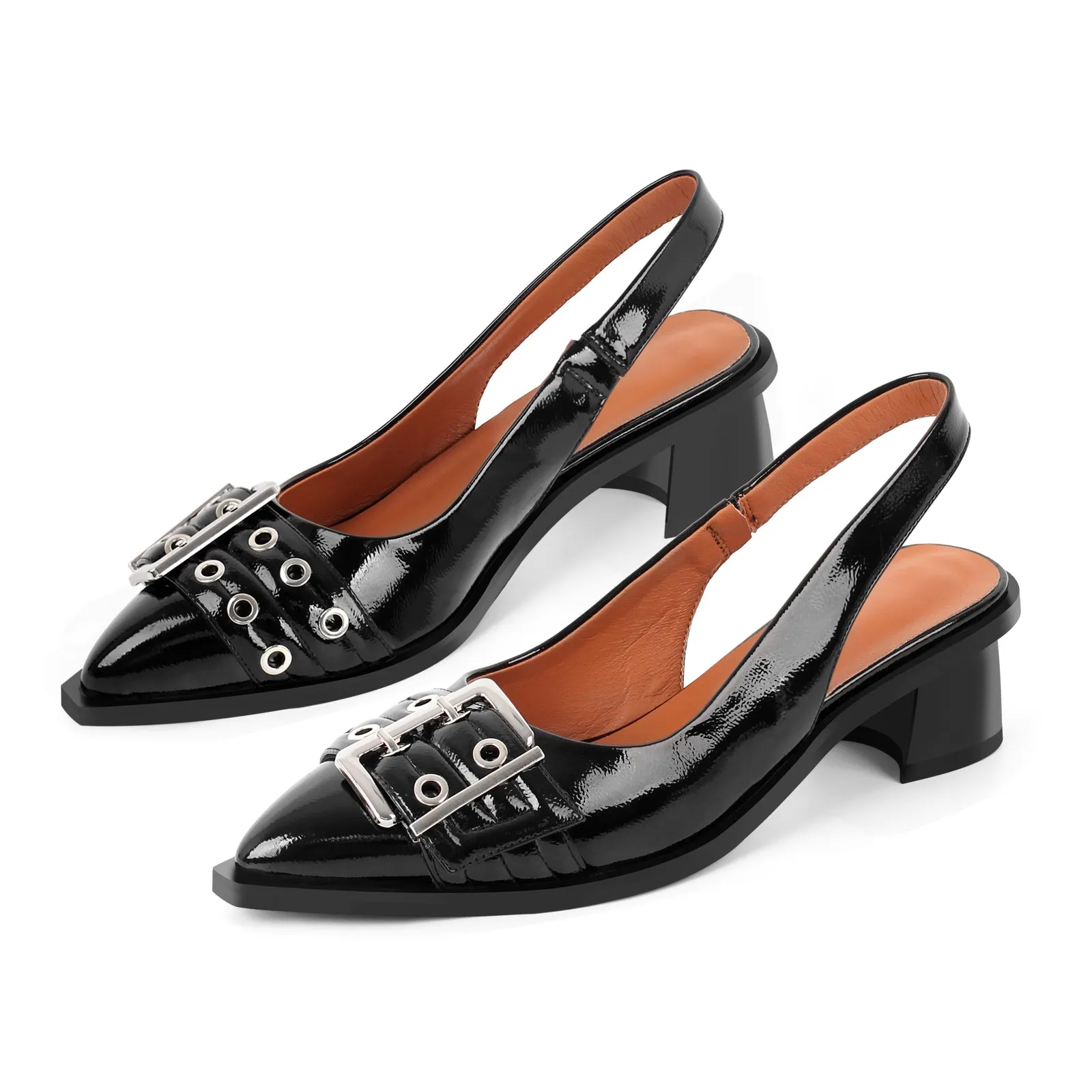 Pointed Toe Belt Strap Patent Leather Slingback Pumps