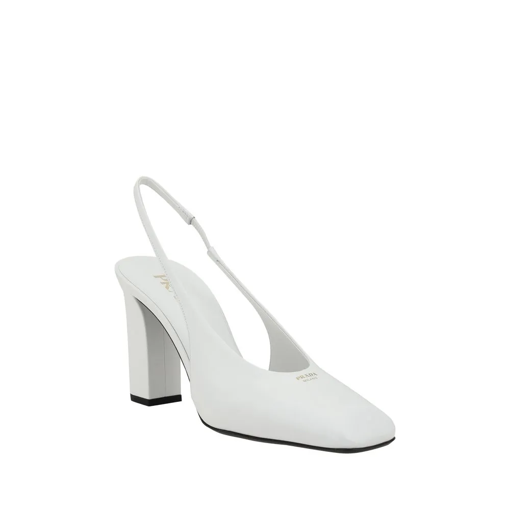 PRADA Women White Sandals 100% Leather Buckle Square Toe Slingback Heel Shoes