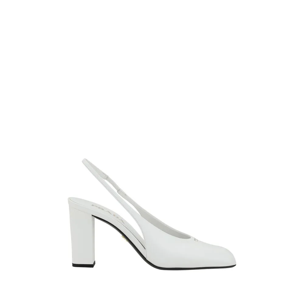 PRADA Women White Sandals 100% Leather Buckle Square Toe Slingback Heel Shoes